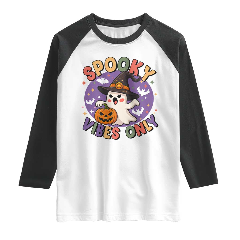 Cute Halloween Ghost Raglan Shirt Spooky Vibes Only With Pumpkin - Wonder Print Shop