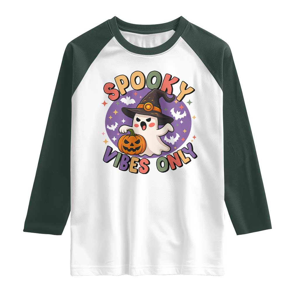 Cute Halloween Ghost Raglan Shirt Spooky Vibes Only With Pumpkin - Wonder Print Shop