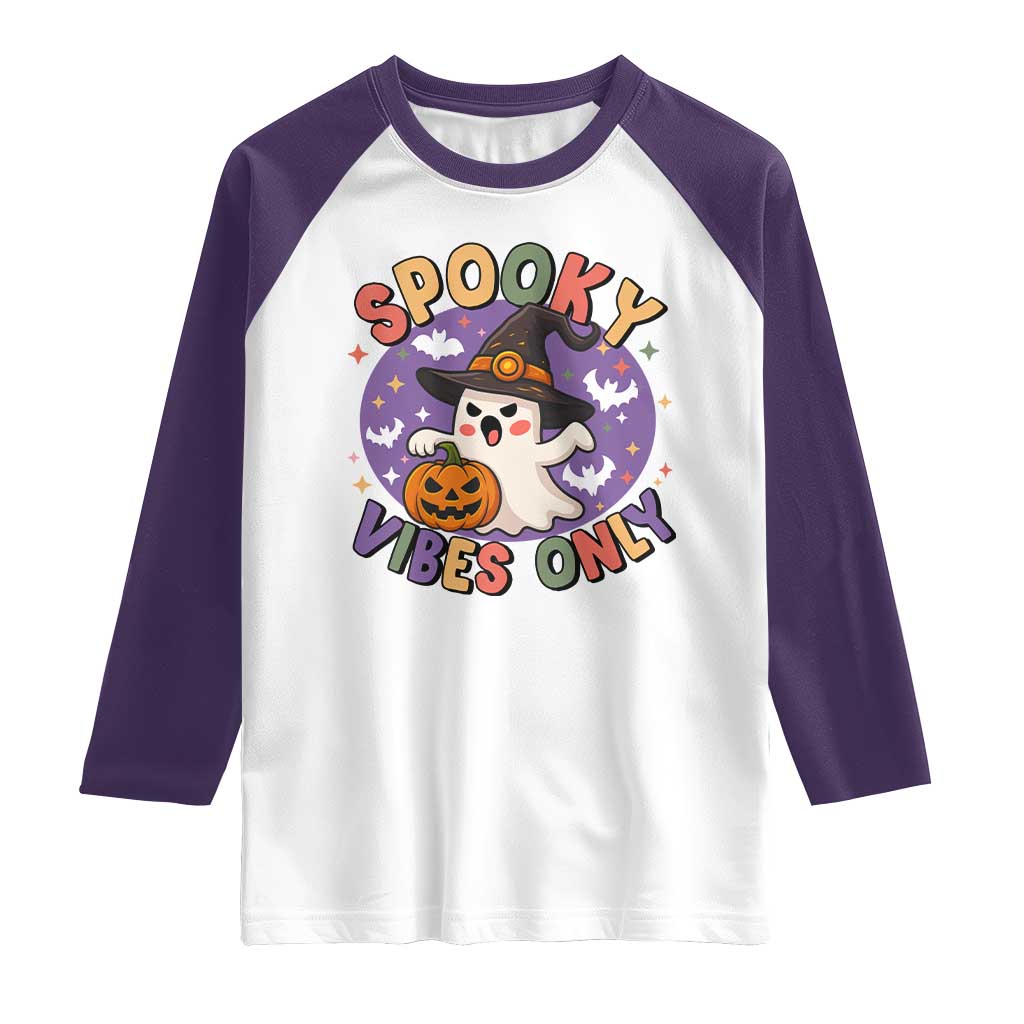 Cute Halloween Ghost Raglan Shirt Spooky Vibes Only With Pumpkin - Wonder Print Shop