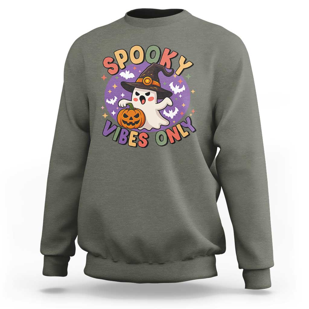 Cute Halloween Ghost Sweatshirt Spooky Vibes Only With Pumpkin - Wonder Print Shop