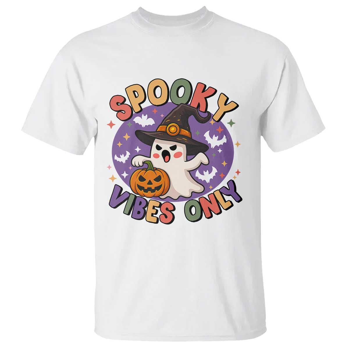 Cute Halloween Ghost T Shirt Spooky Vibes Only With Pumpkin - Wonder Print Shop