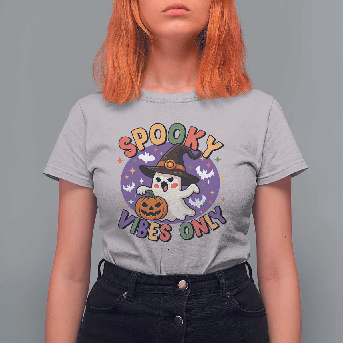 Cute Halloween Ghost T Shirt For Women Spooky Vibes Only With Pumpkin - Wonder Print Shop