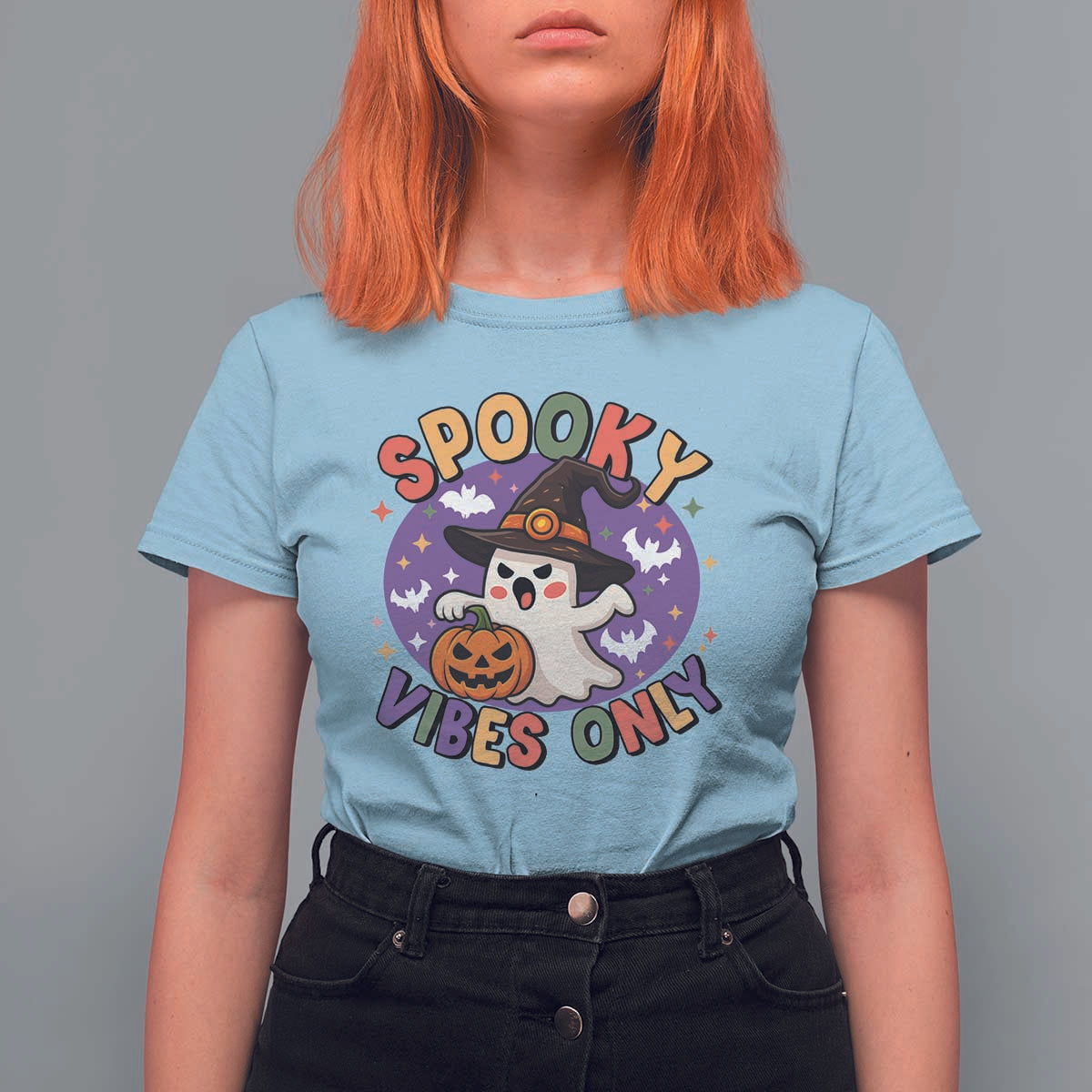 Cute Halloween Ghost T Shirt For Women Spooky Vibes Only With Pumpkin - Wonder Print Shop