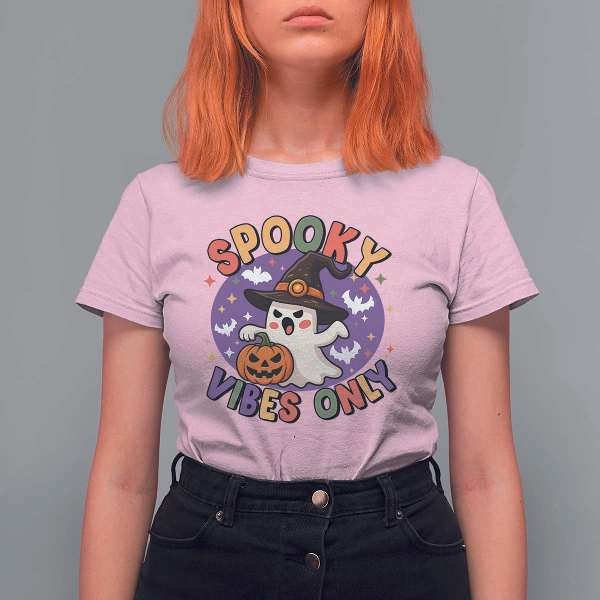 Cute Halloween Ghost T Shirt For Women Spooky Vibes Only With Pumpkin - Wonder Print Shop