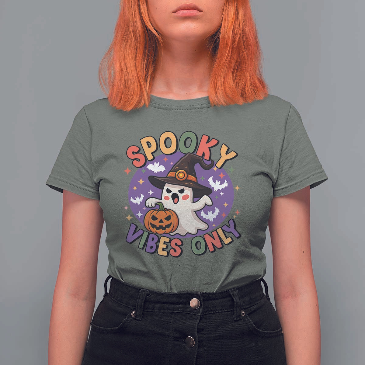 Cute Halloween Ghost T Shirt For Women Spooky Vibes Only With Pumpkin - Wonder Print Shop