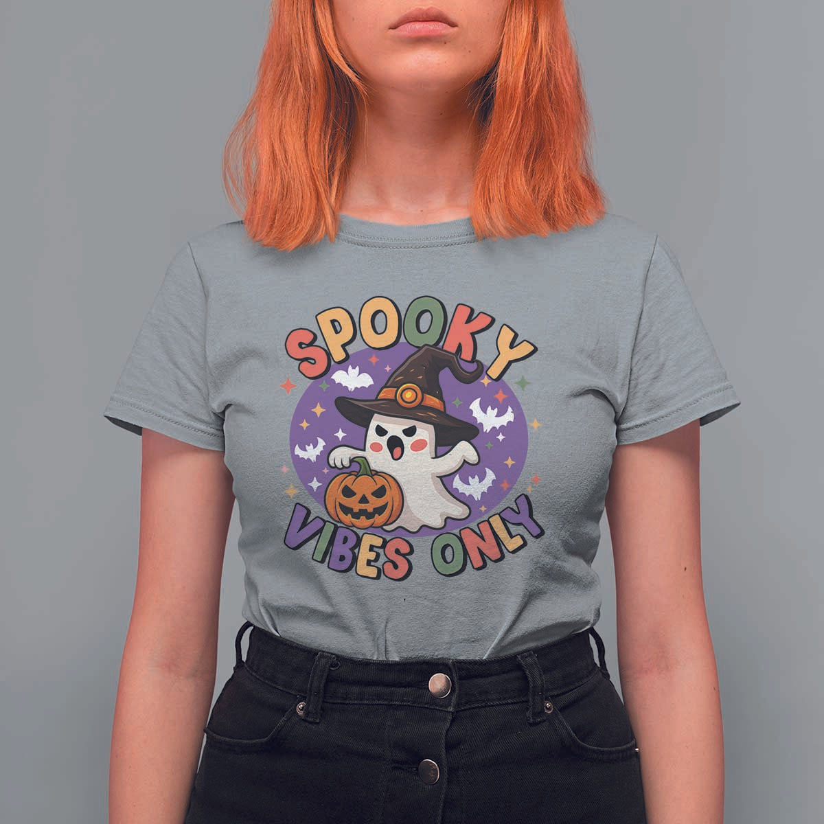 Cute Halloween Ghost T Shirt For Women Spooky Vibes Only With Pumpkin - Wonder Print Shop