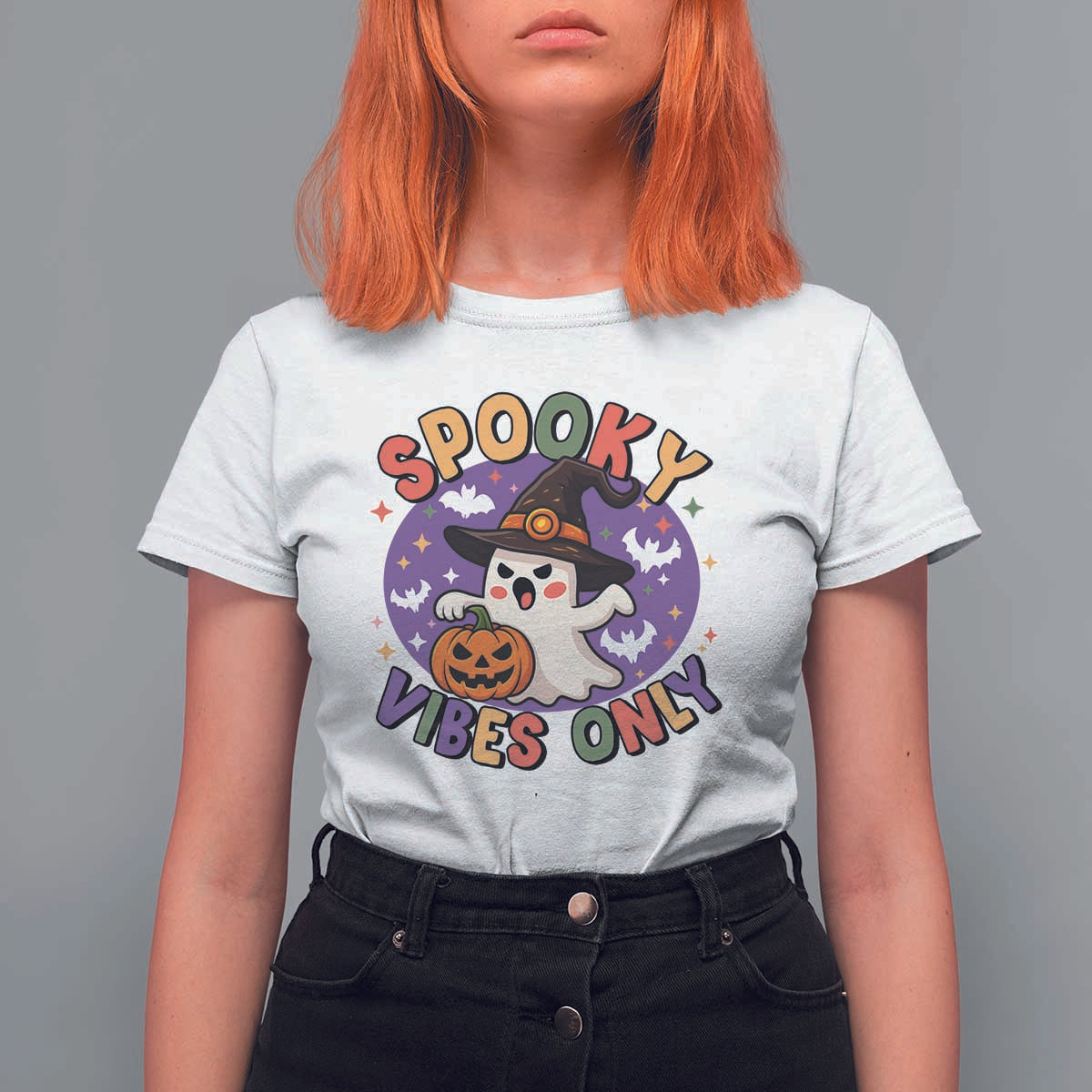 Cute Halloween Ghost T Shirt For Women Spooky Vibes Only With Pumpkin - Wonder Print Shop