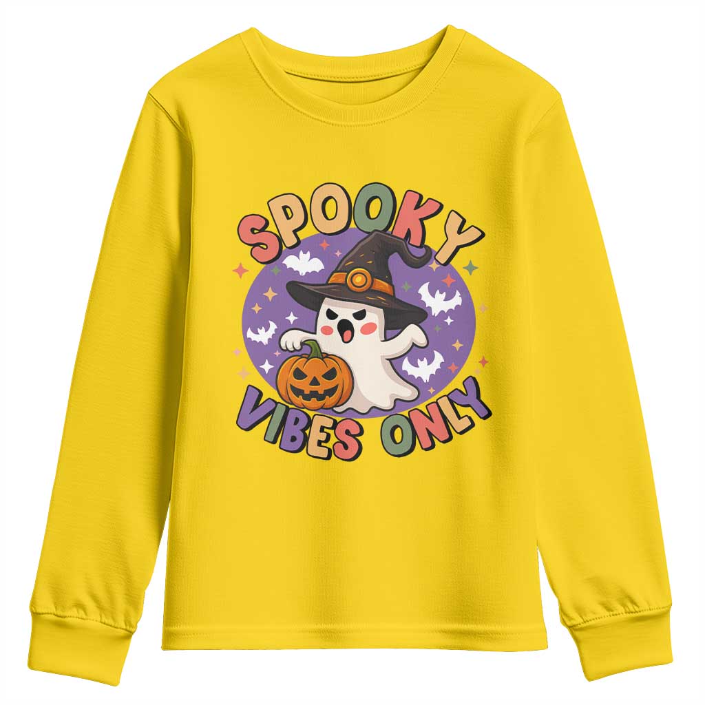 Cute Halloween Ghost Youth Sweatshirt Spooky Vibes Only With Pumpkin - Wonder Print Shop
