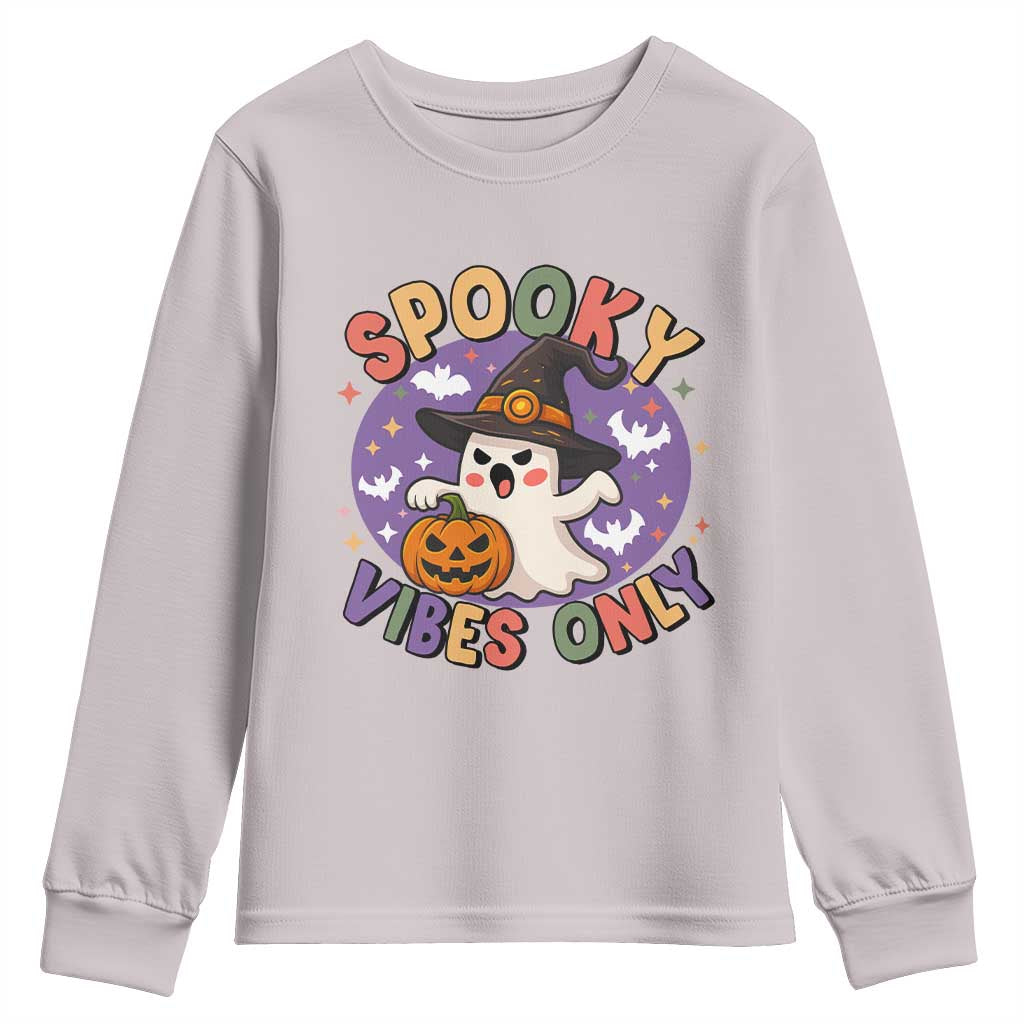 Cute Halloween Ghost Youth Sweatshirt Spooky Vibes Only With Pumpkin - Wonder Print Shop