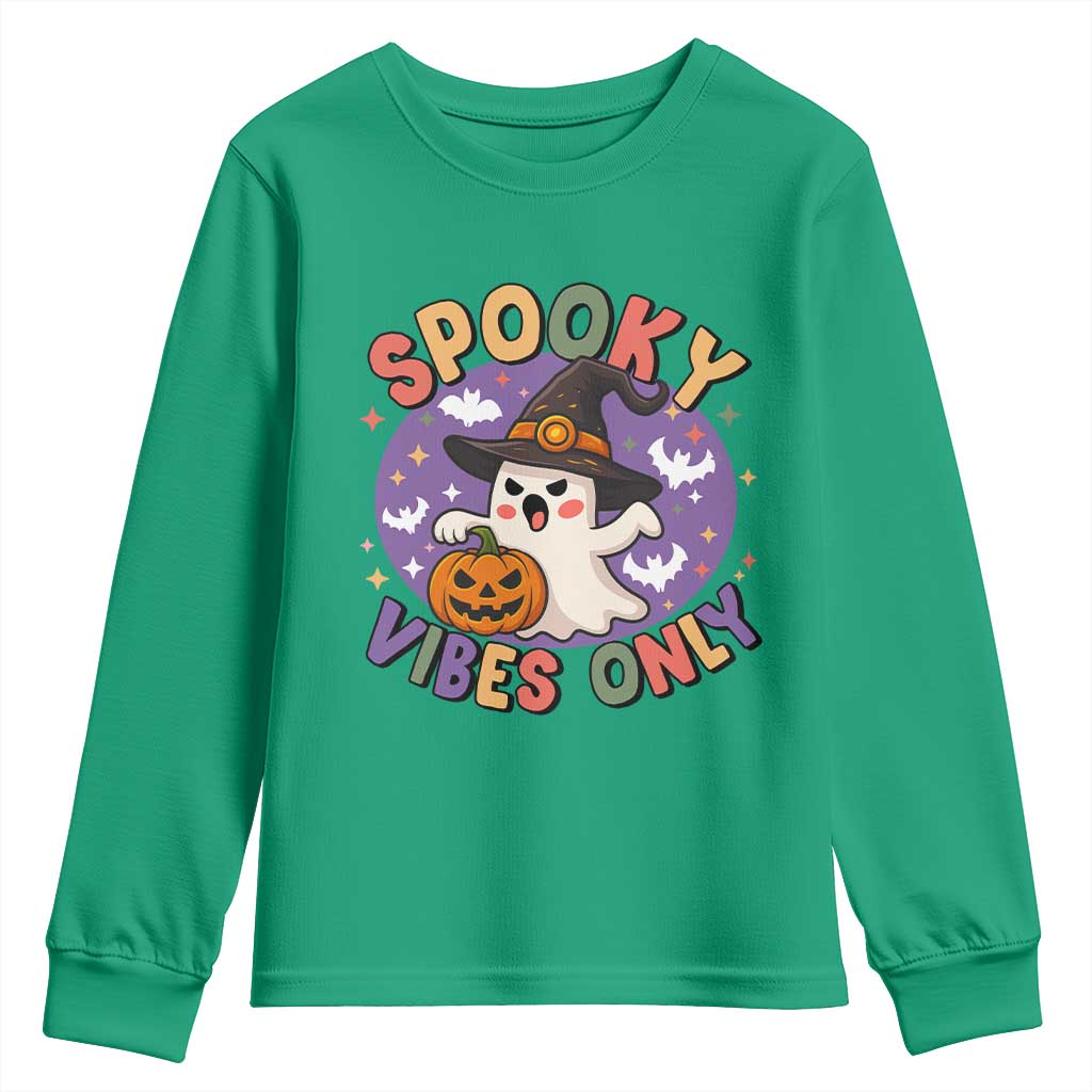 Cute Halloween Ghost Youth Sweatshirt Spooky Vibes Only With Pumpkin - Wonder Print Shop