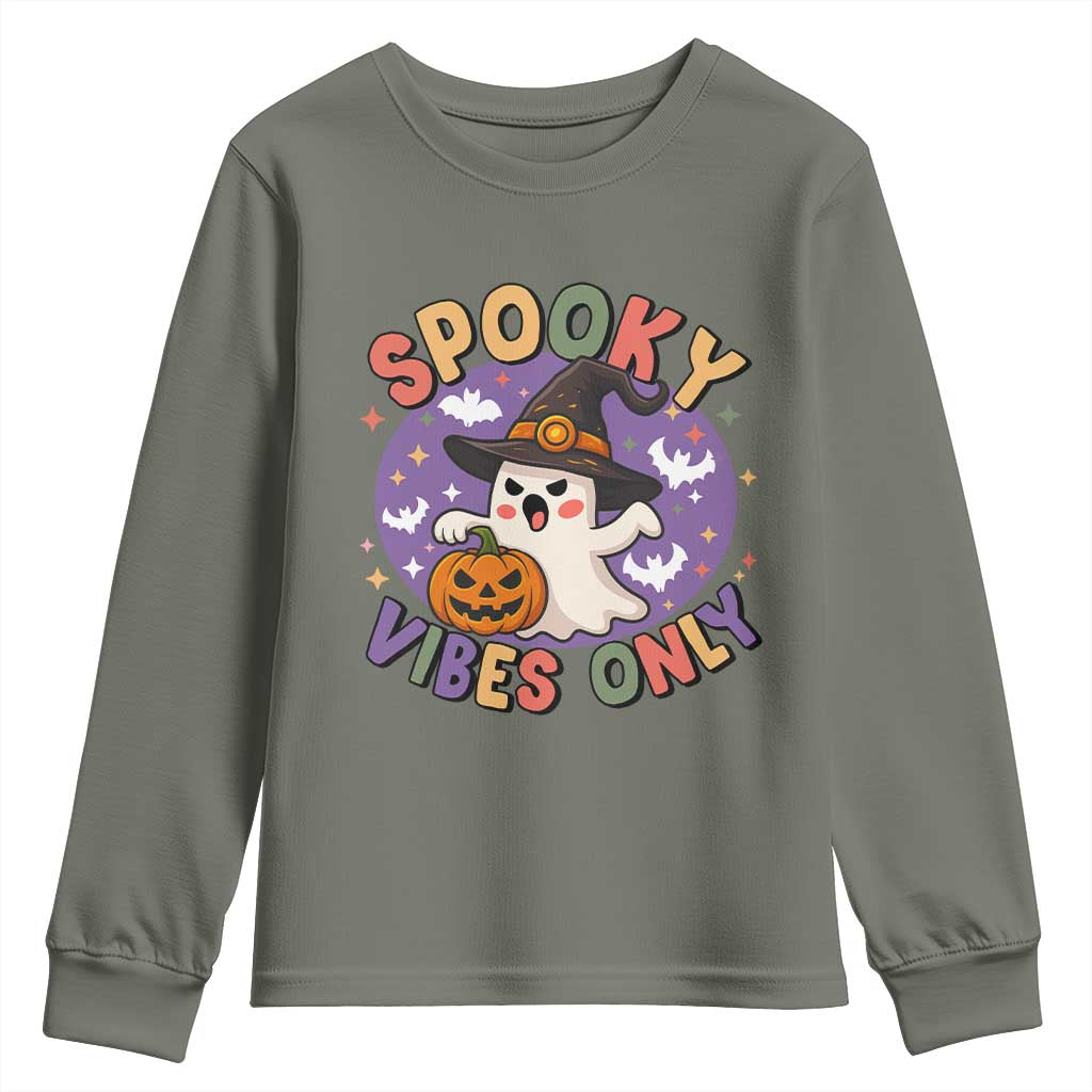 Cute Halloween Ghost Youth Sweatshirt Spooky Vibes Only With Pumpkin - Wonder Print Shop