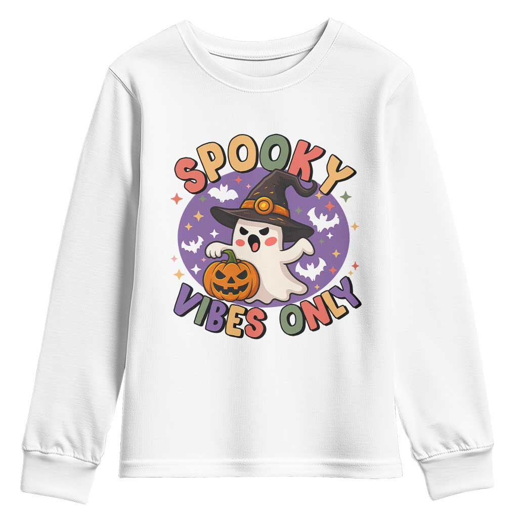 Cute Halloween Ghost Youth Sweatshirt Spooky Vibes Only With Pumpkin - Wonder Print Shop