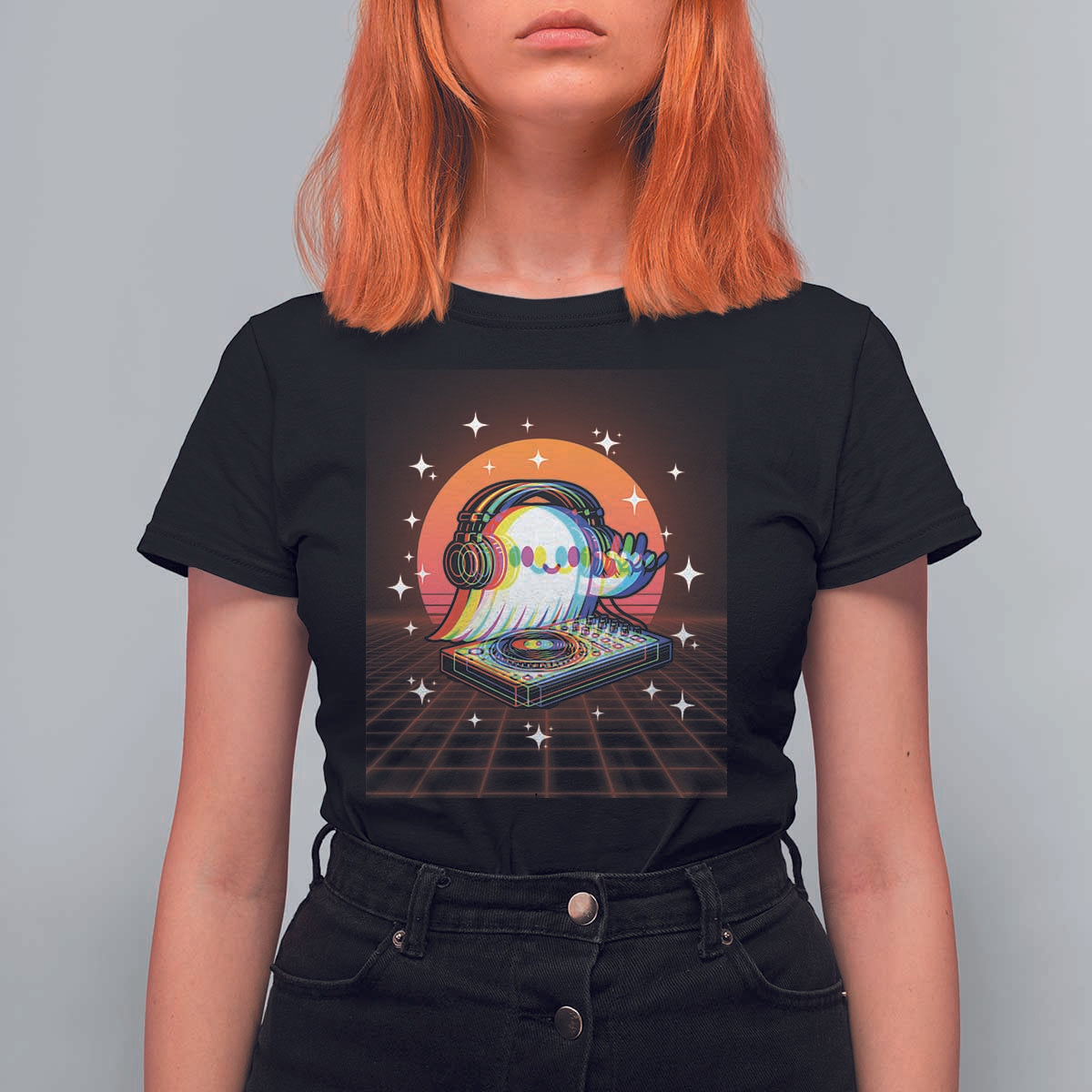 Halloween Ghost T Shirt For Women Funny Trippy Vaporwave DJ Music Party - Wonder Print Shop