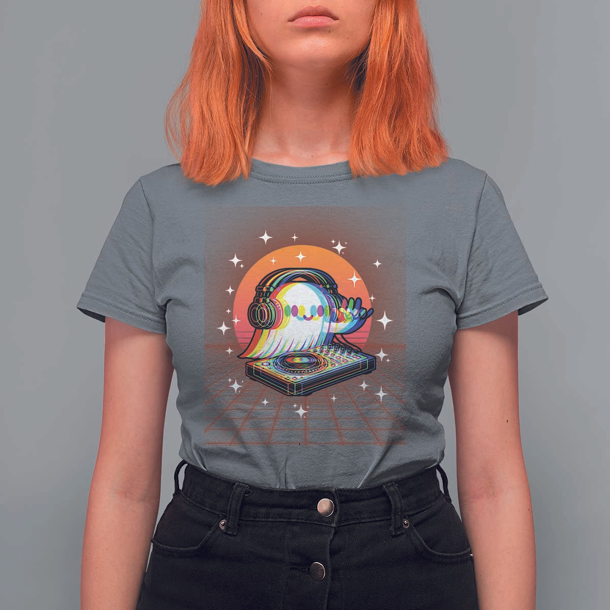 Halloween Ghost T Shirt For Women Funny Trippy Vaporwave DJ Music Party - Wonder Print Shop
