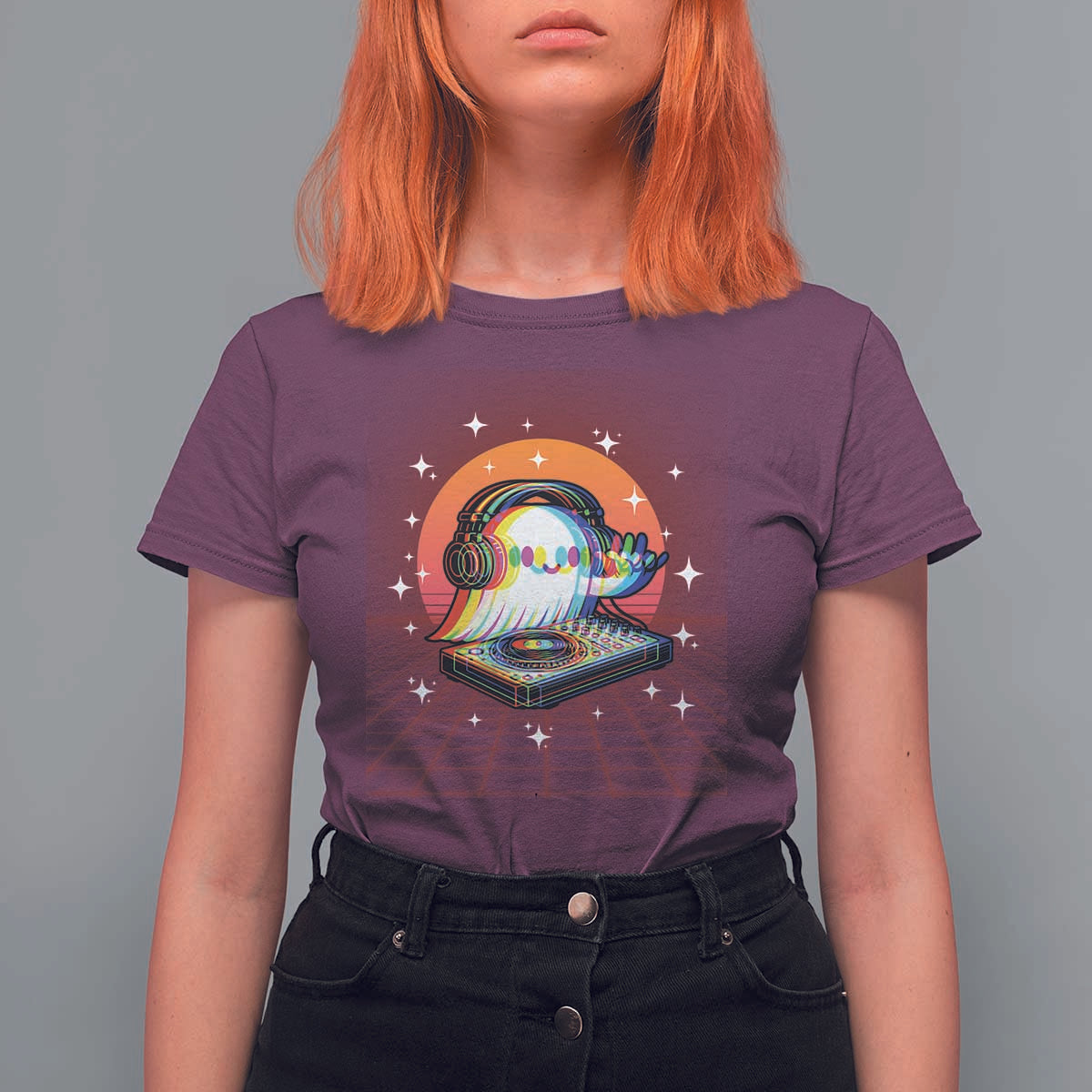 Halloween Ghost T Shirt For Women Funny Trippy Vaporwave DJ Music Party - Wonder Print Shop