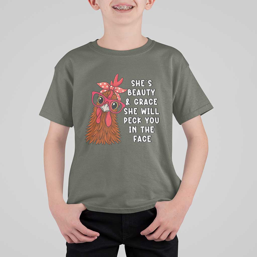 Funny Chicken Lover Gift T Shirt For Kid She Is Beauty And Grace She Will Peck You In The Face - Wonder Print Shop
