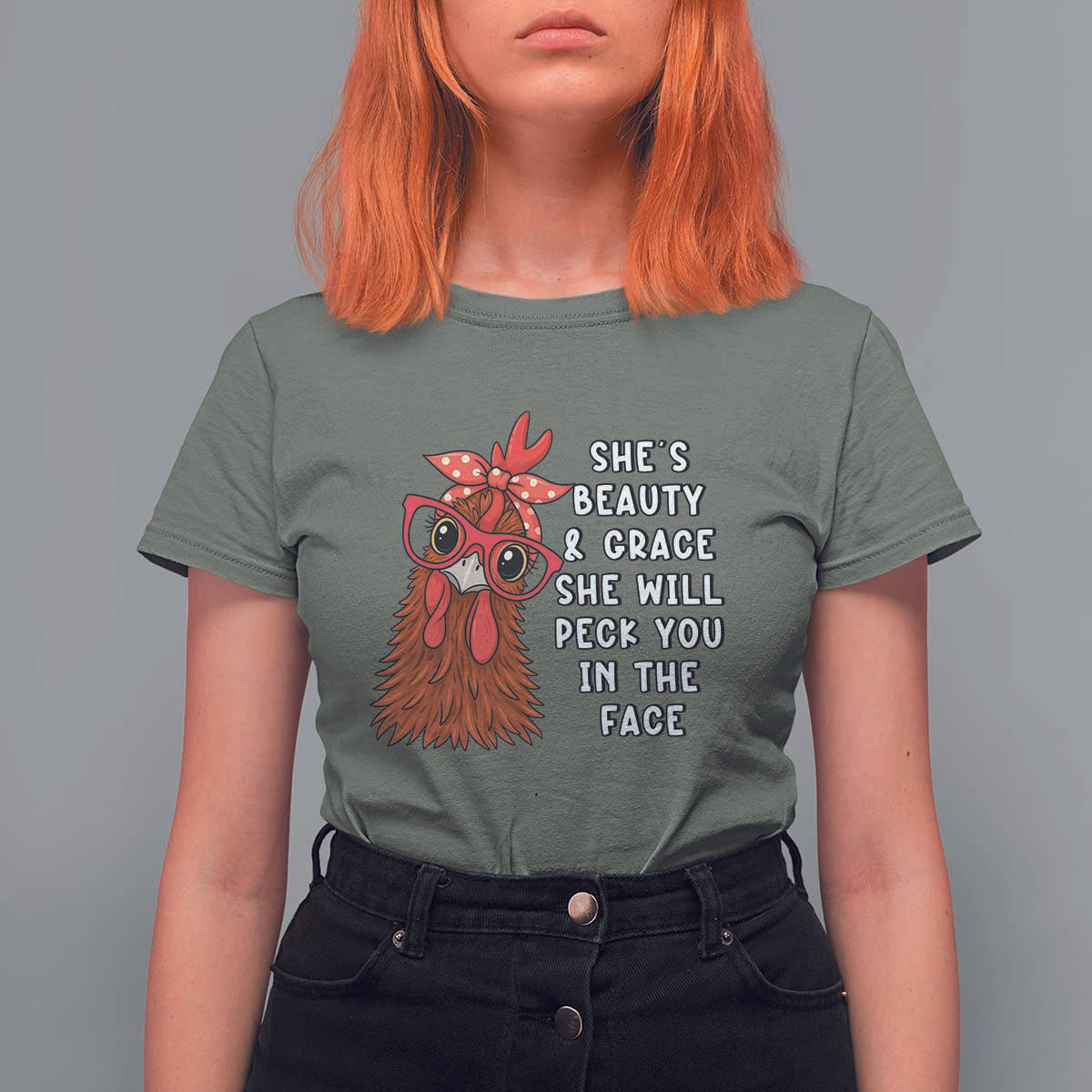 Funny Chicken Lover Gift T Shirt For Women She Is Beauty And Grace She Will Peck You In The Face - Wonder Print Shop