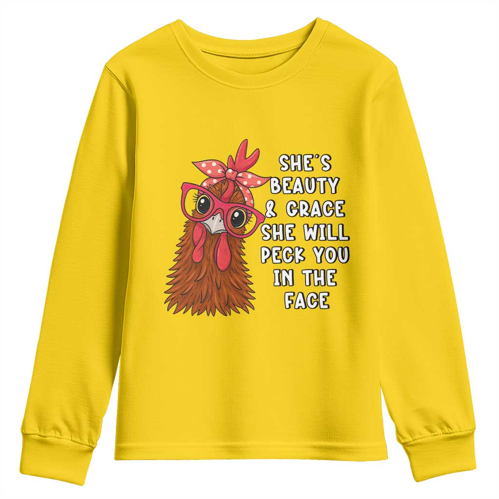 Funny Chicken Lover Gift Youth Sweatshirt She Is Beauty And Grace She Will Peck You In The Face - Wonder Print Shop