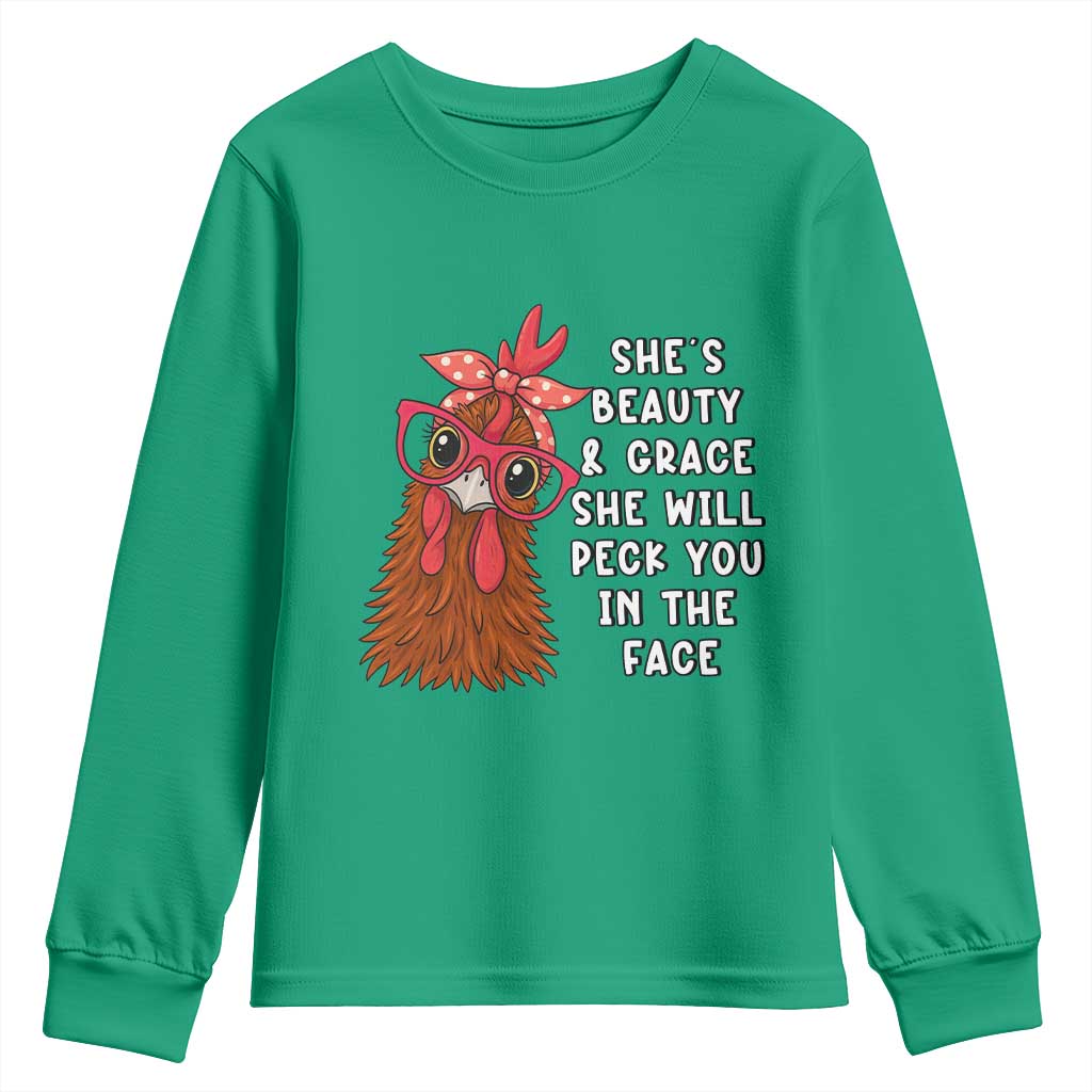 Funny Chicken Lover Gift Youth Sweatshirt She Is Beauty And Grace She Will Peck You In The Face - Wonder Print Shop