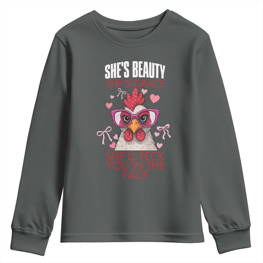 She Will Peck You In The Face Youth Sweatshirt Funny Chicken Lover - Wonder Print Shop