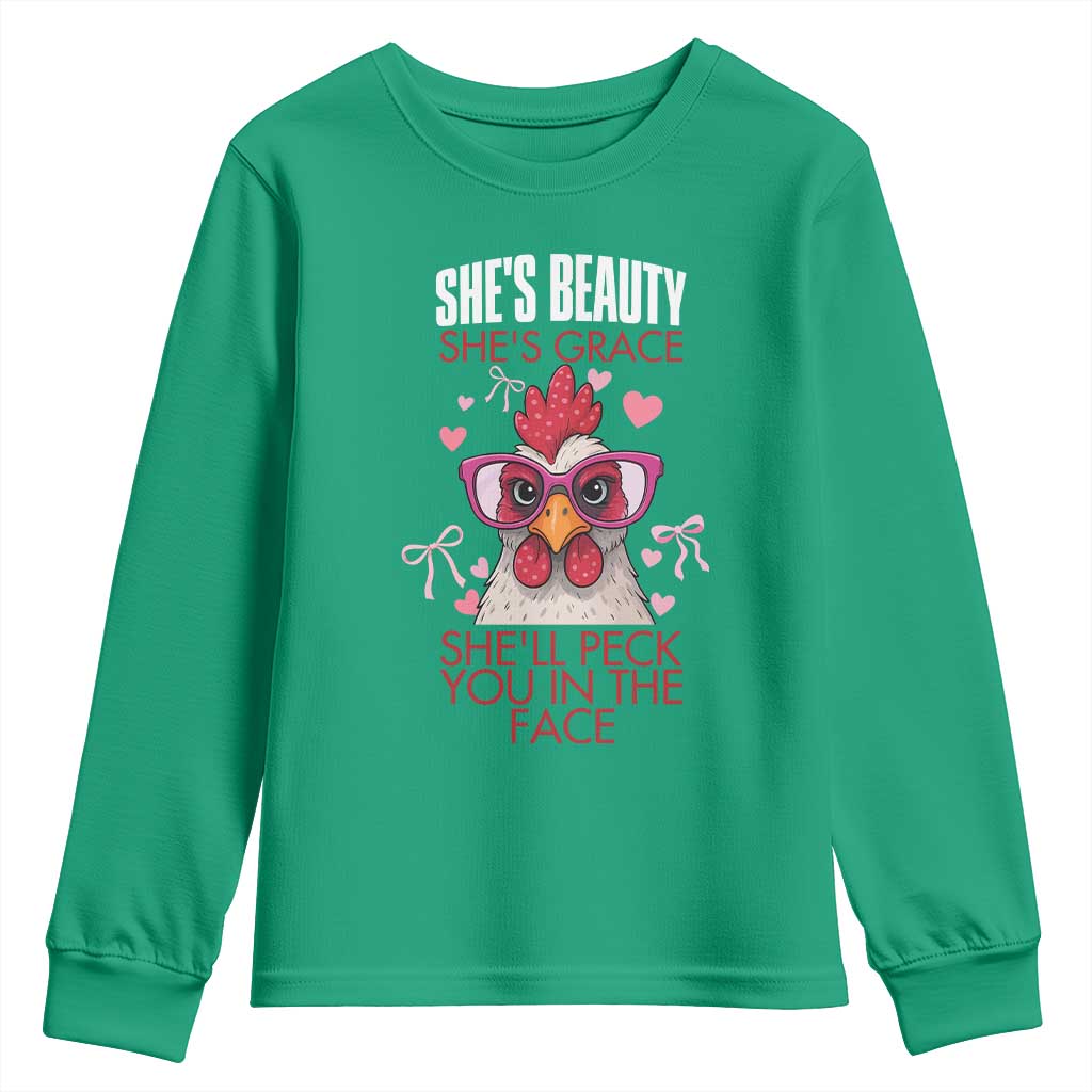 She Will Peck You In The Face Youth Sweatshirt Funny Chicken Lover - Wonder Print Shop