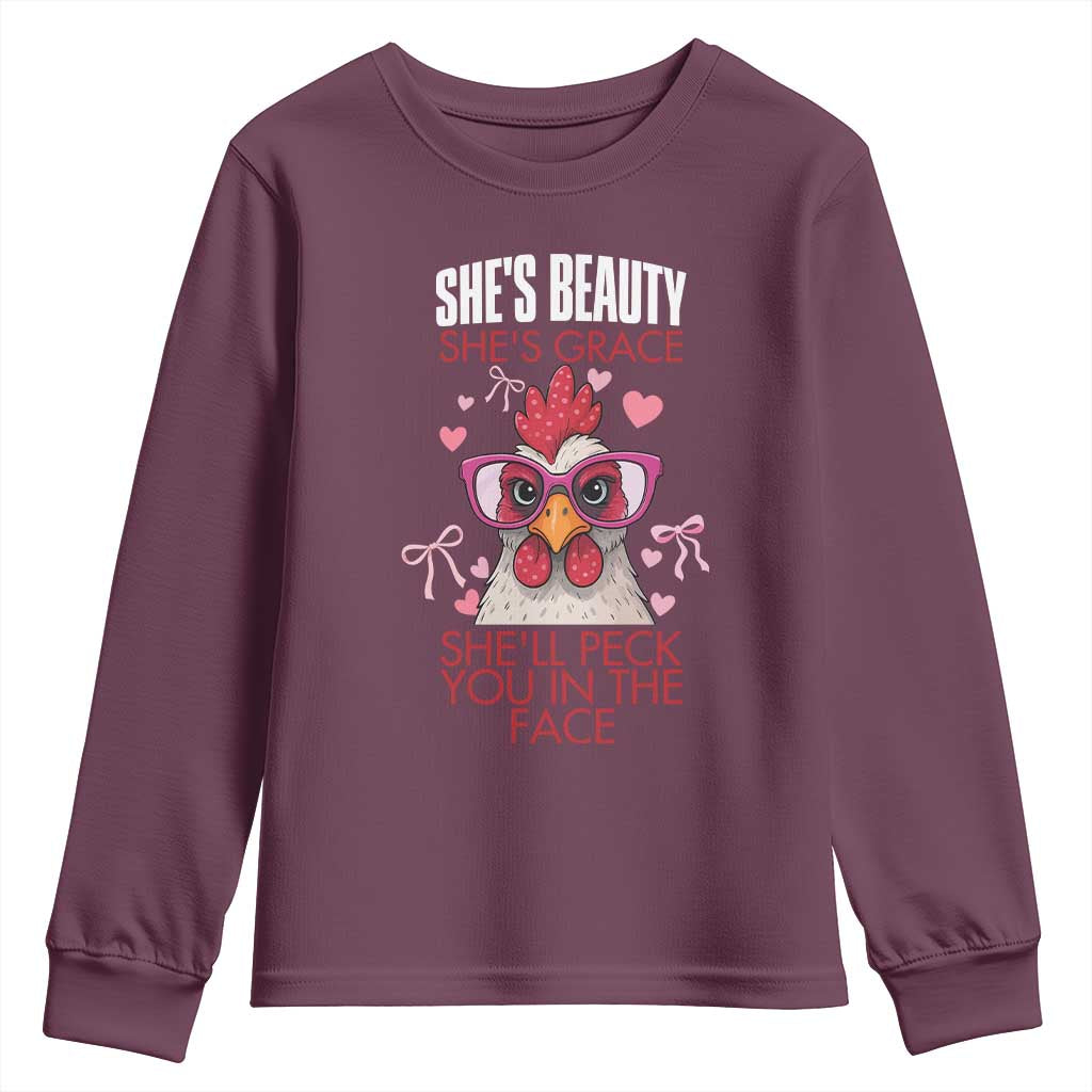 She Will Peck You In The Face Youth Sweatshirt Funny Chicken Lover - Wonder Print Shop