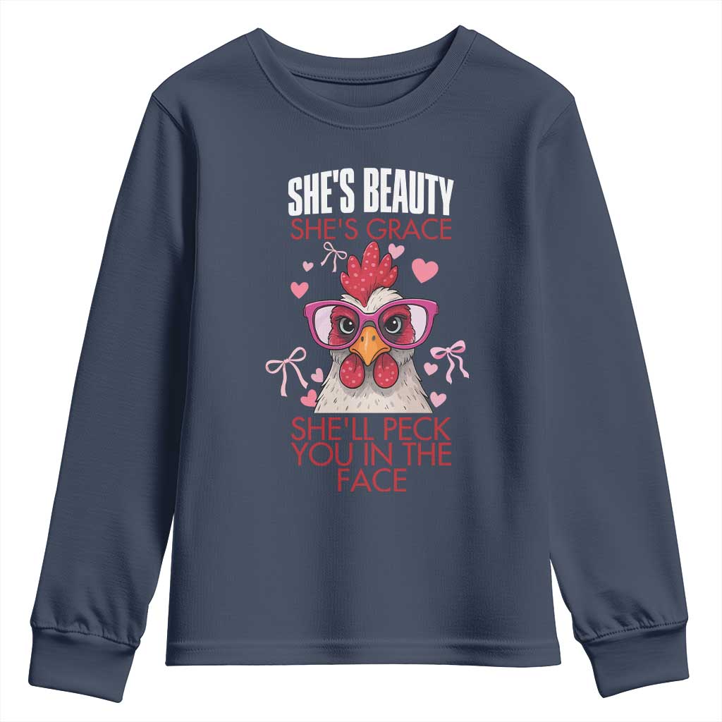 She Will Peck You In The Face Youth Sweatshirt Funny Chicken Lover - Wonder Print Shop