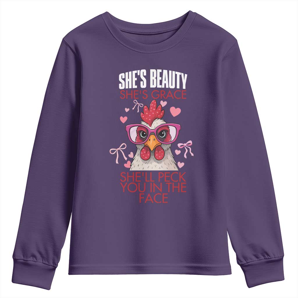 She Will Peck You In The Face Youth Sweatshirt Funny Chicken Lover - Wonder Print Shop