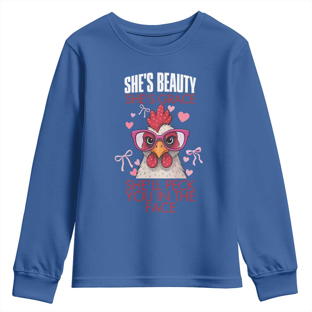 She Will Peck You In The Face Youth Sweatshirt Funny Chicken Lover - Wonder Print Shop