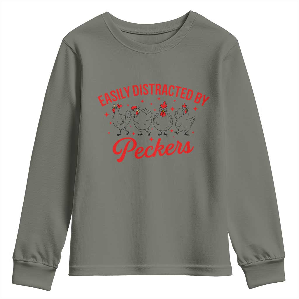 Funny Chicken Lover Gift Youth Sweatshirt Easily Distracted By Peckers - Wonder Print Shop