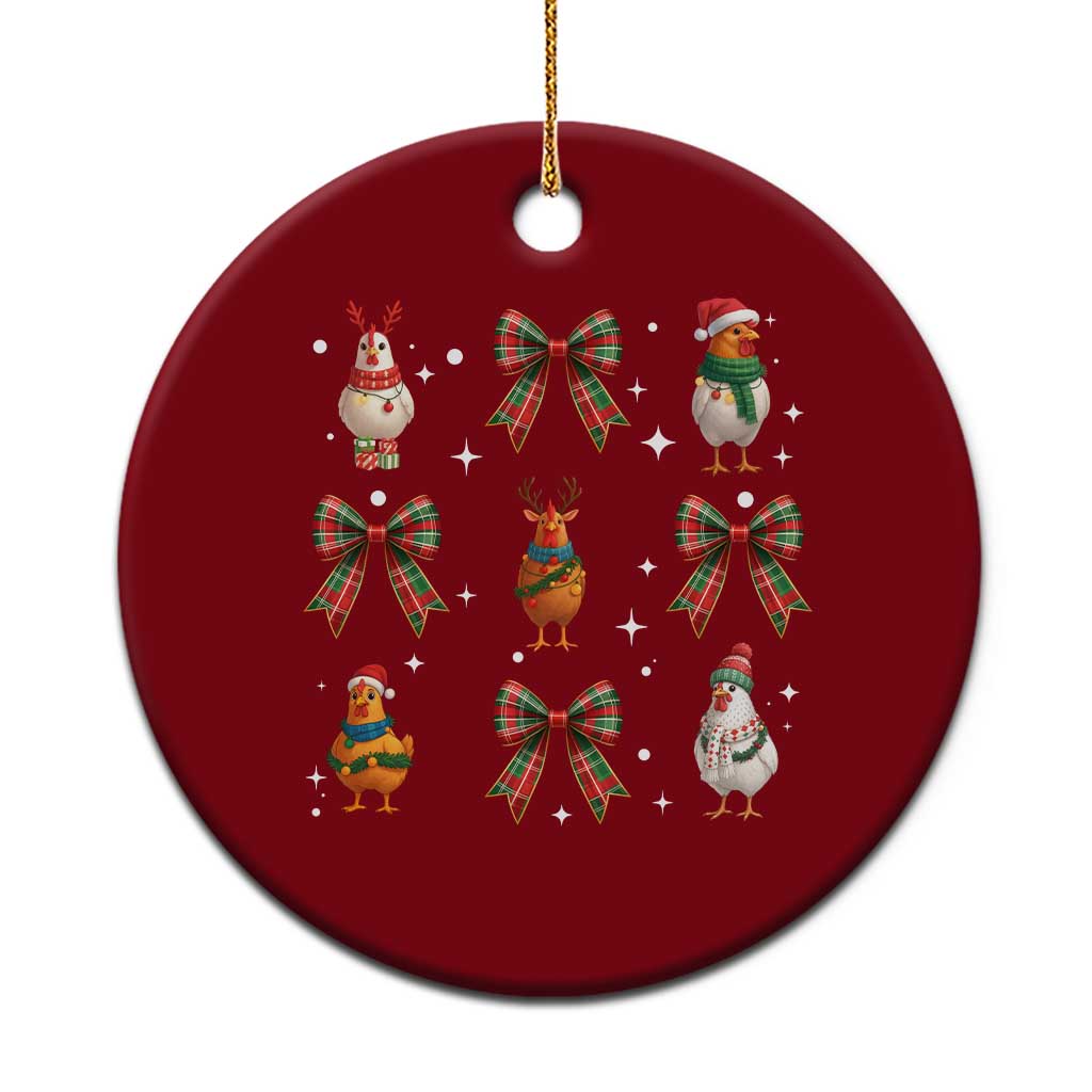 Cute Xmas Chicken With Xmas Coquette Bow Ceramic Ornament - Wonder Print Shop