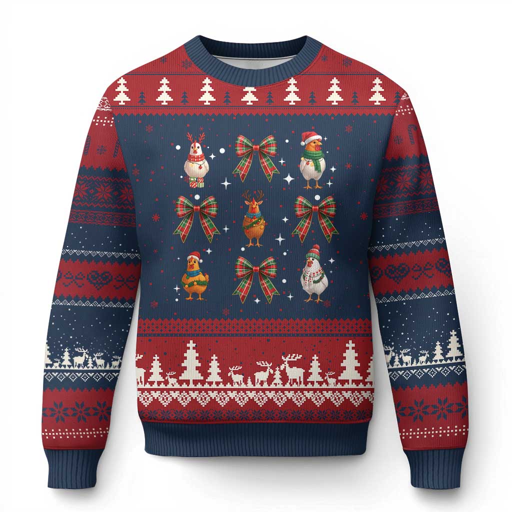 Cute Christmas Chicken With Xmas Coquette Bow Ugly Christmas Sweater - Wonder Print Shop