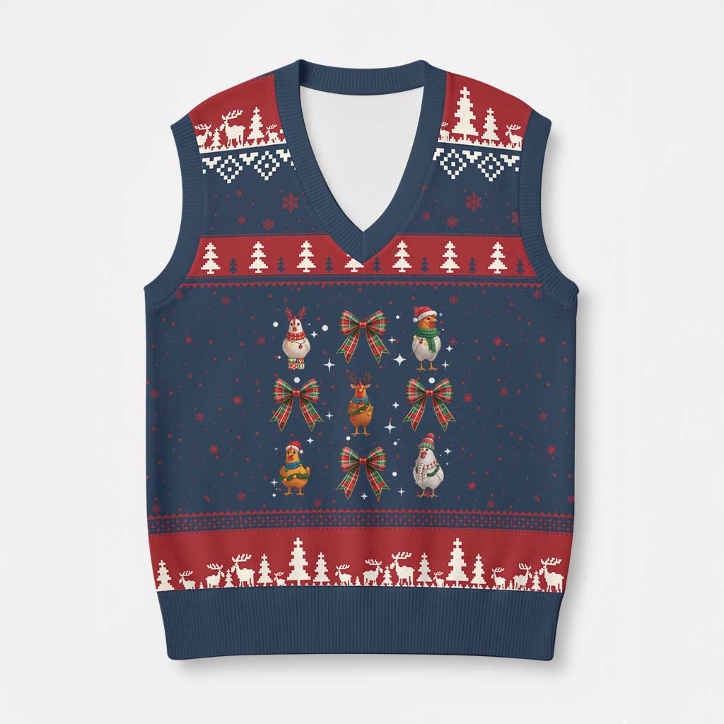 Cute Xmas Chicken With Xmas Coquette Bow V-Neck Knit Sweater Vest - Wonder Print Shop