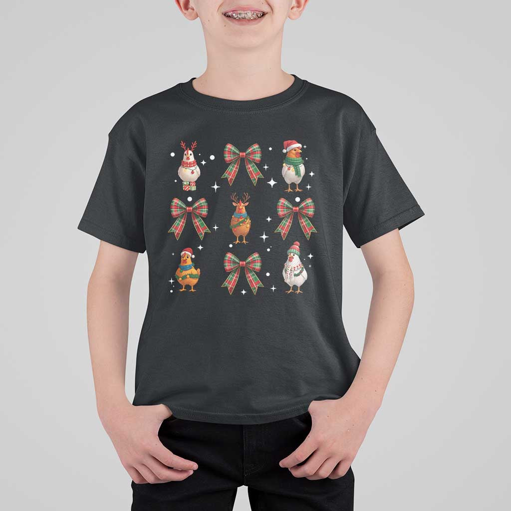 Cute Christmas Chicken With Xmas Coquette Bow T Shirt For Kid - Wonder Print Shop