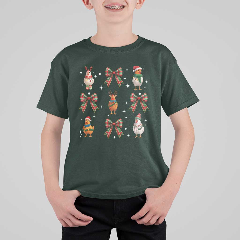 Cute Christmas Chicken With Xmas Coquette Bow T Shirt For Kid - Wonder Print Shop