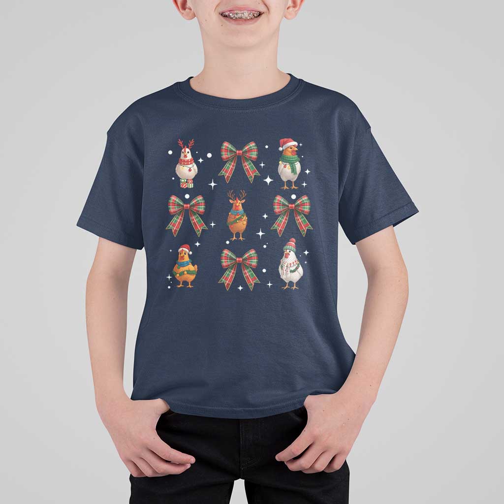 Cute Christmas Chicken With Xmas Coquette Bow T Shirt For Kid - Wonder Print Shop