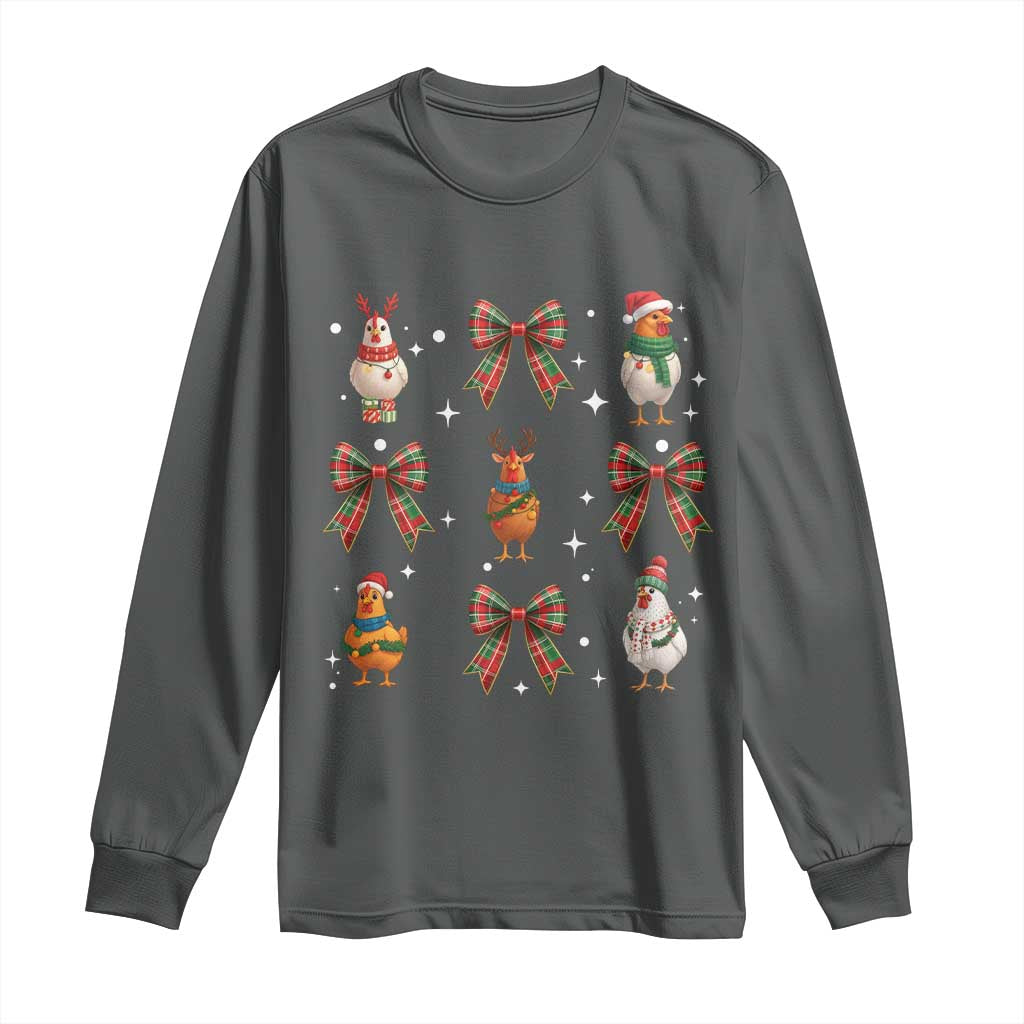 Cute Christmas Chicken With Xmas Coquette Bow Long Sleeve Shirt - Wonder Print Shop