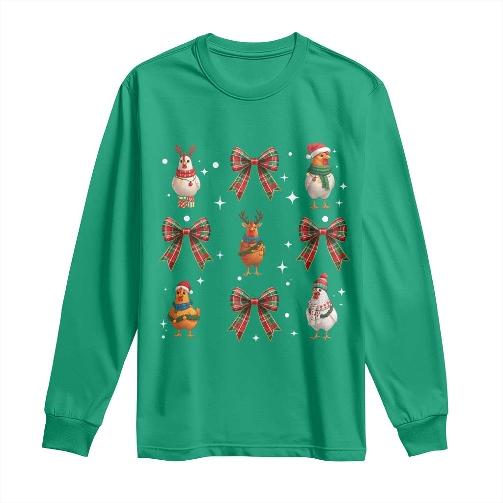 Cute Christmas Chicken With Xmas Coquette Bow Long Sleeve Shirt - Wonder Print Shop