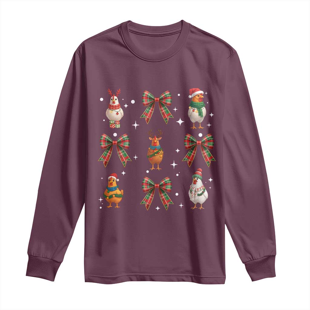 Cute Christmas Chicken With Xmas Coquette Bow Long Sleeve Shirt - Wonder Print Shop