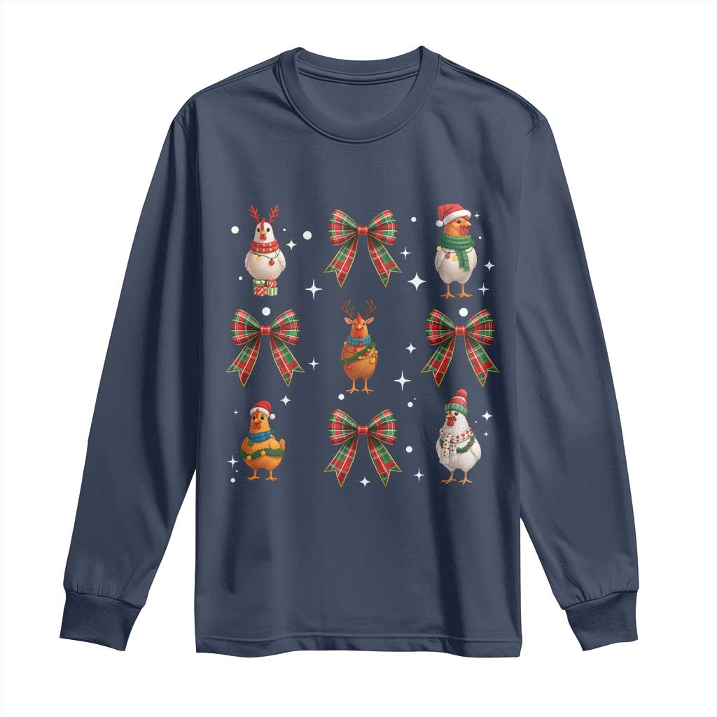 Cute Christmas Chicken With Xmas Coquette Bow Long Sleeve Shirt - Wonder Print Shop