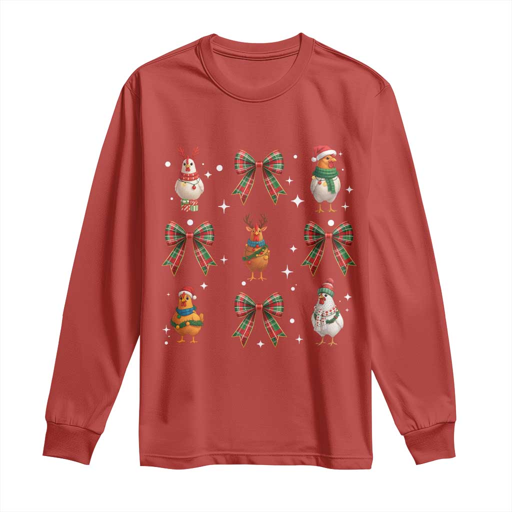 Cute Christmas Chicken With Xmas Coquette Bow Long Sleeve Shirt - Wonder Print Shop