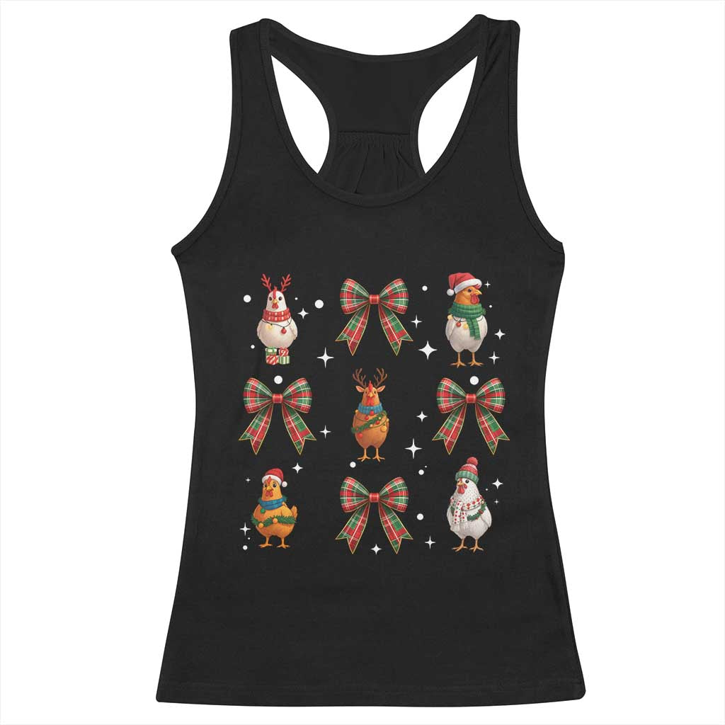 Cute Christmas Chicken With Xmas Coquette Bow Racerback Tank Top - Wonder Print Shop