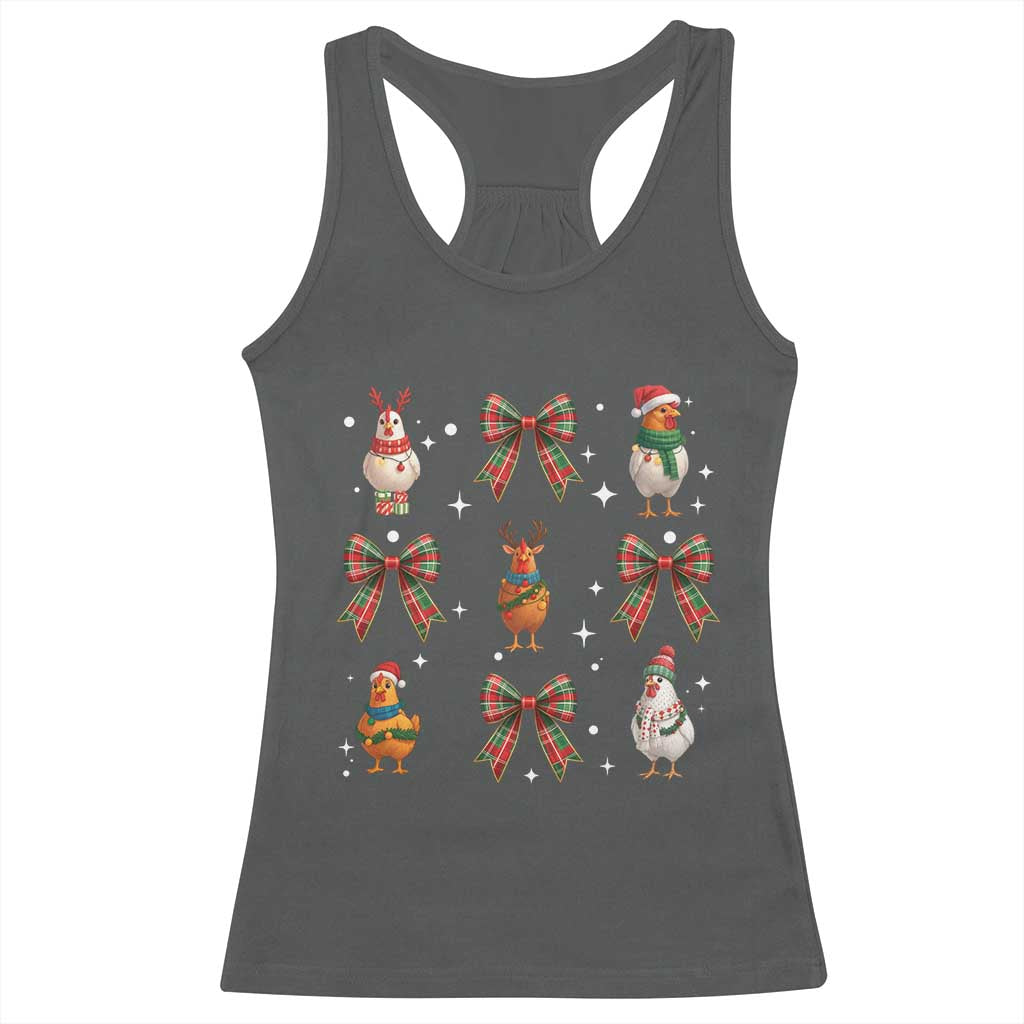 Cute Christmas Chicken With Xmas Coquette Bow Racerback Tank Top - Wonder Print Shop