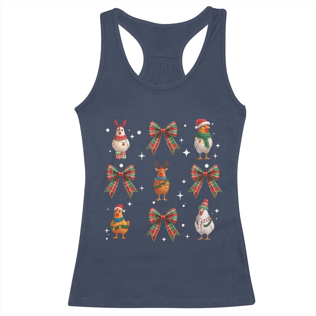 Cute Christmas Chicken With Xmas Coquette Bow Racerback Tank Top - Wonder Print Shop