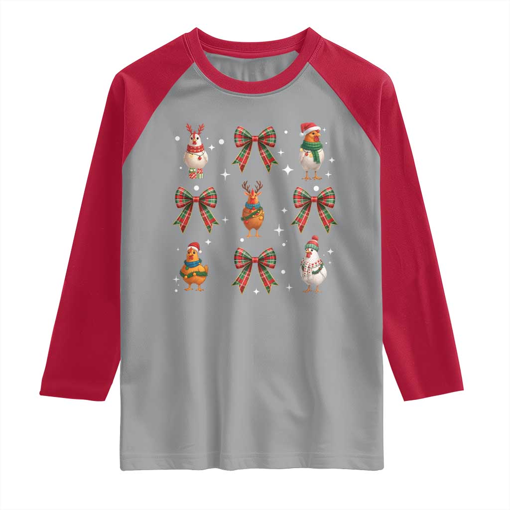 Cute Christmas Chicken With Xmas Coquette Bow Raglan Shirt - Wonder Print Shop