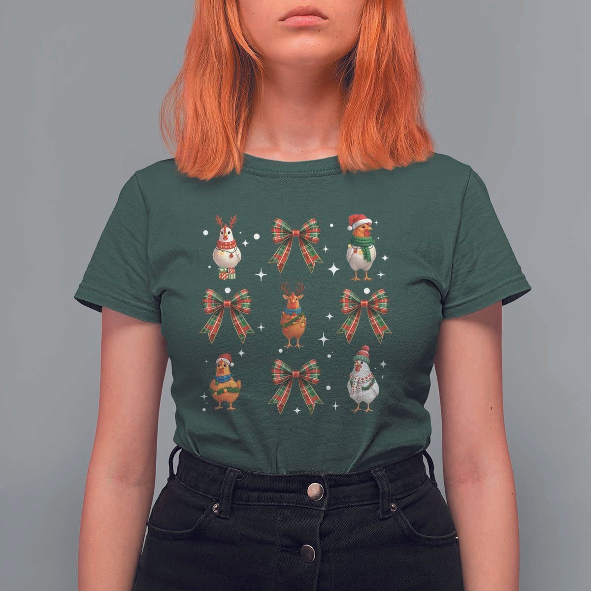 Cute Christmas Chicken With Xmas Coquette Bow T Shirt For Women - Wonder Print Shop