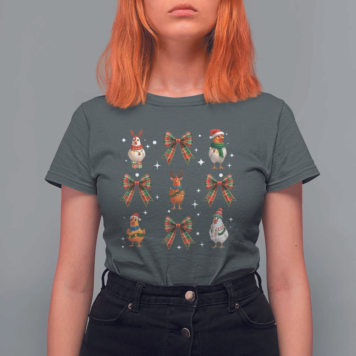Cute Christmas Chicken With Xmas Coquette Bow T Shirt For Women - Wonder Print Shop