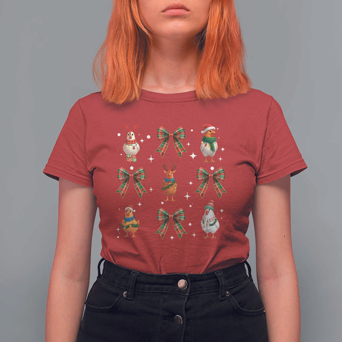Cute Christmas Chicken With Xmas Coquette Bow T Shirt For Women - Wonder Print Shop