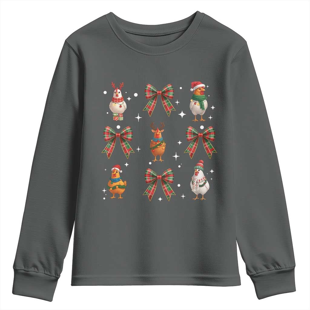 Cute Christmas Chicken With Xmas Coquette Bow Youth Sweatshirt - Wonder Print Shop