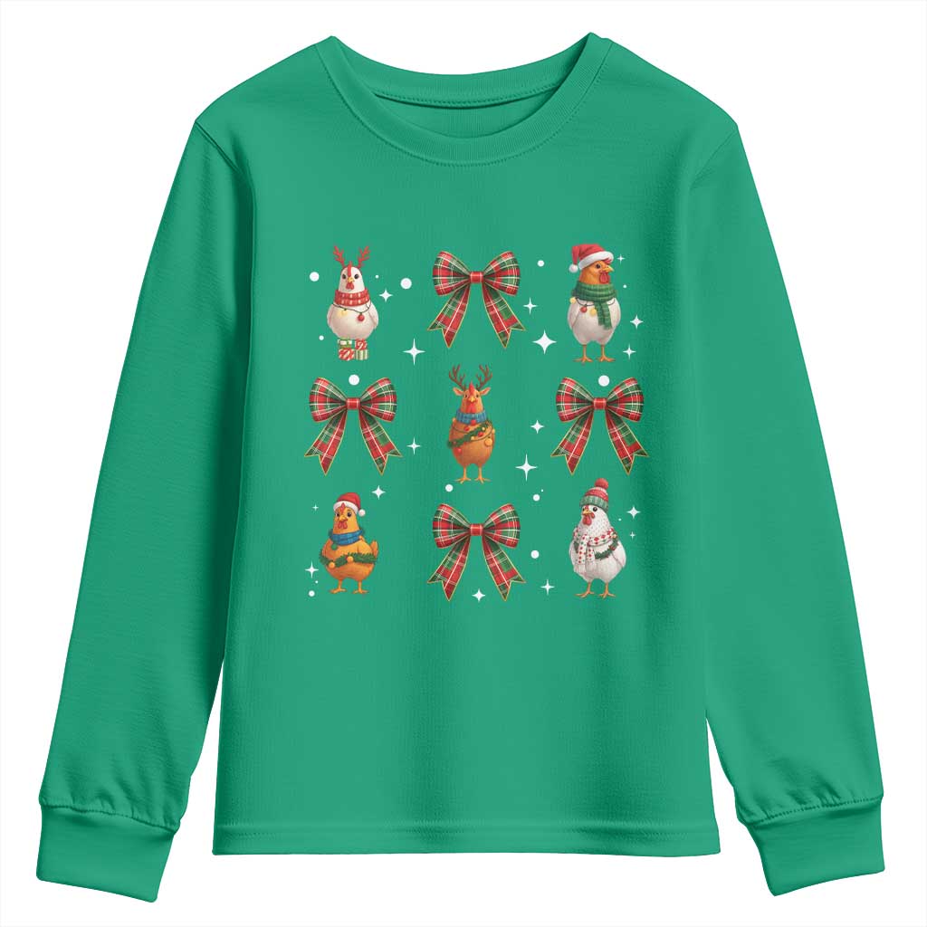 Cute Christmas Chicken With Xmas Coquette Bow Youth Sweatshirt - Wonder Print Shop